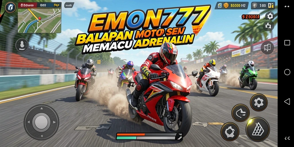 Gameplay seru di EMON777 dengan balapan motor yang menantang.