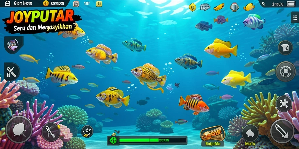 Screenshot gameplay JOYPUTAR menampilkan aksi menembak ikan yang seru.